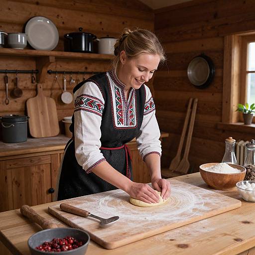 Photograph of a blonde woman in a traditional black and white embroidered apron, kneading dough on a wooden kitchen counter. Cozy wooden cabin setting