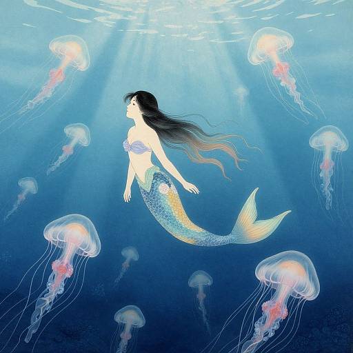 Digital illustration of a mermaid with flowing black hair, blue and yellow fish-scale tail, surrounded by glowing jellyfish in a deep blue underwater scene.