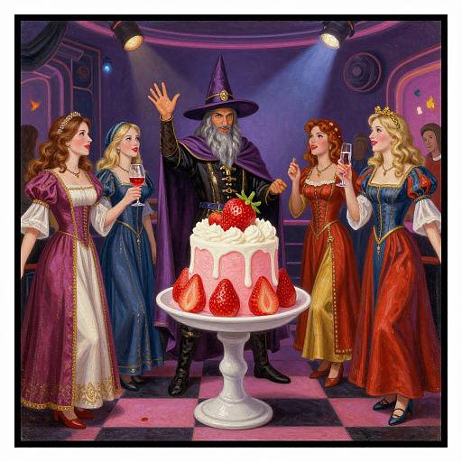 Illustration of four fairytale princesses in colorful gowns, toasting a wizard in a purple hat and cape, celebrating with a strawberry-t