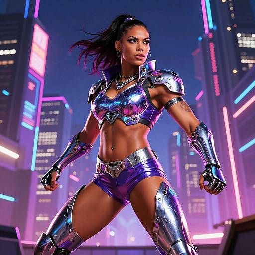 CGI image of a strong, muscular, dark-skinned woman in shiny purple armor, neon cityscape background, night, futuristic, confident stance.