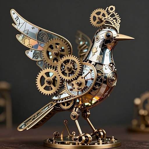 Steampunk-inspired bird sculpture made from interlocking gears, clock parts, and metal pieces, standing on a circular base, against a dark background.