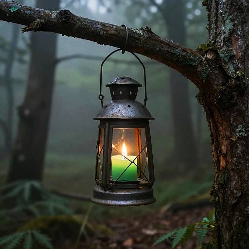 Green Flame Lantern on Foggy Forest Branch