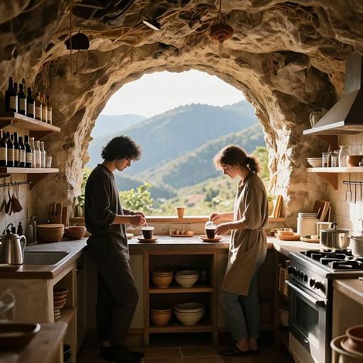 Photograph: Two curly-haired women in rustic aprons cook in a sunlit, stone-walled kitchen with a mountain view through a central archway
