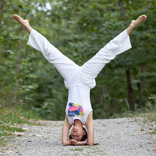 Photograph of a woman in white pants and sleeveless top, performing an upside-down handstand on a gravel path in a green forest.