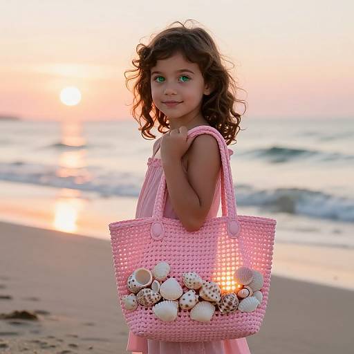 Girl with Seashells at Sunrise Beach