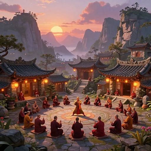 Digital painting of a serene sunset scene in a mountainous Asian village, featuring a circle of seated monks in red robes, surrounded by traditional wooden buildings and
