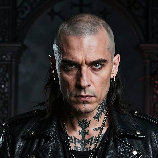 Photograph of a bald, heavily tattooed man with dark, intense eyes, wearing a black leather jacket and multiple earrings, against a dark, Gothic