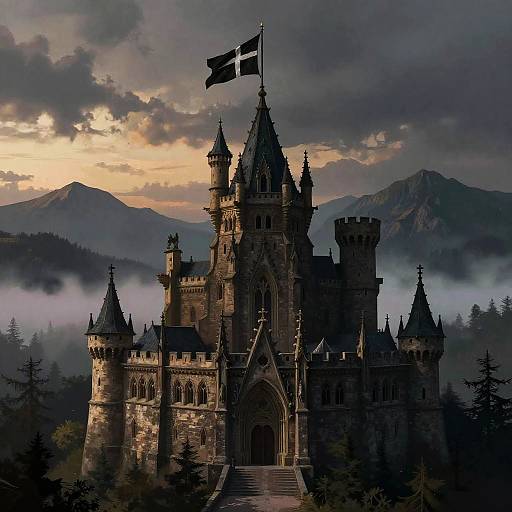 Black Cross Flag Over Gothic Castle
