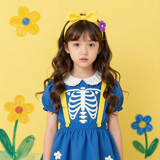 Photograph of a young Asian girl with long wavy brown hair, wearing a blue skeleton dress with yellow suspenders, yellow headband, and purple