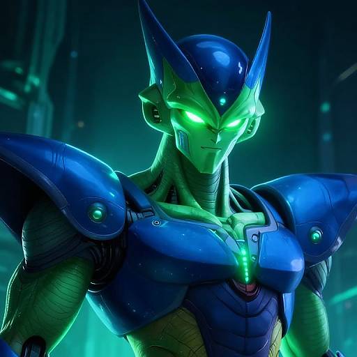 CGI image of a glowing, blue, futuristic robot with neon green eyes and armor, standing in a dark, high-tech environment.