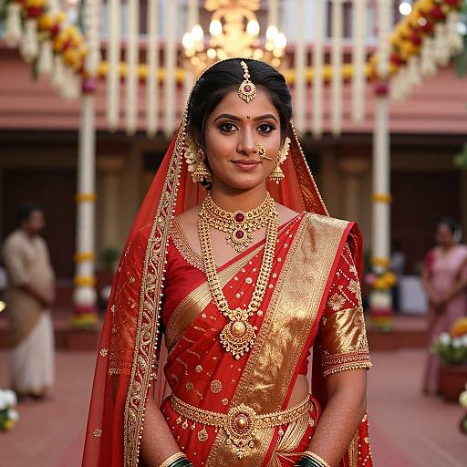 Photograph of an Indian bride in a red and gold traditional sari with intricate gold embroidery, wearing a maang tikka and heavy jewelry, standing