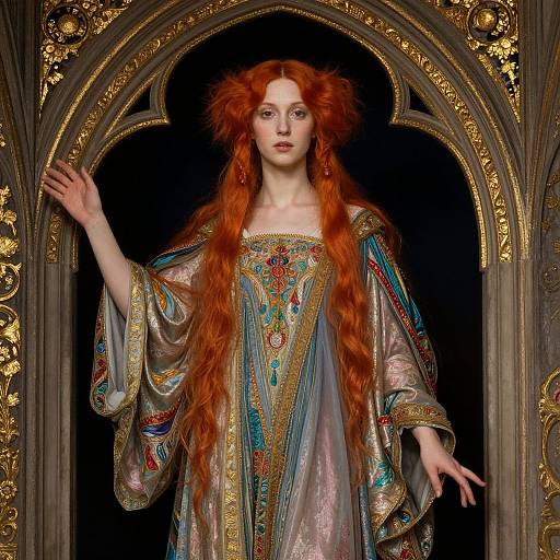 Photograph of a pale-skinned, red-haired woman in an ornate, medieval-style gown with intricate gold and blue embroidery, standing in an elabor