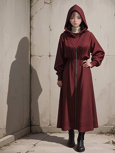 Realistic Woman in Burgundy Knit Dress