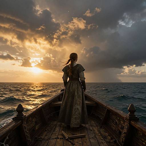 Photograph of a woman in a vintage dress standing in a wooden boat, facing a dramatic sunset over the ocean, with dark clouds illuminated by golden light