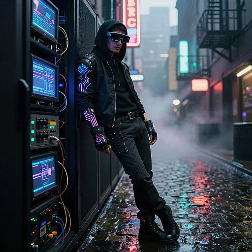 Cybernetic Hacker Crow in Neon Noir