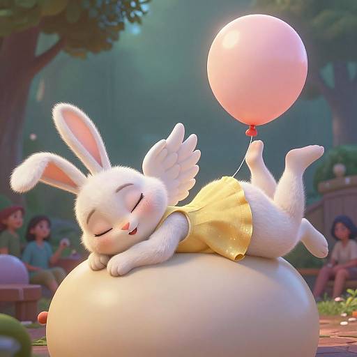 CGI illustration of a white, winged, anthropomorphic bunny with closed eyes, wearing a yellow dress, lying on a white balloon, holding a