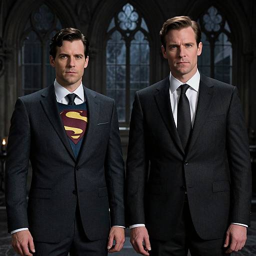 Photograph of two men in dark suits, one with Superman's iconic red and yellow 