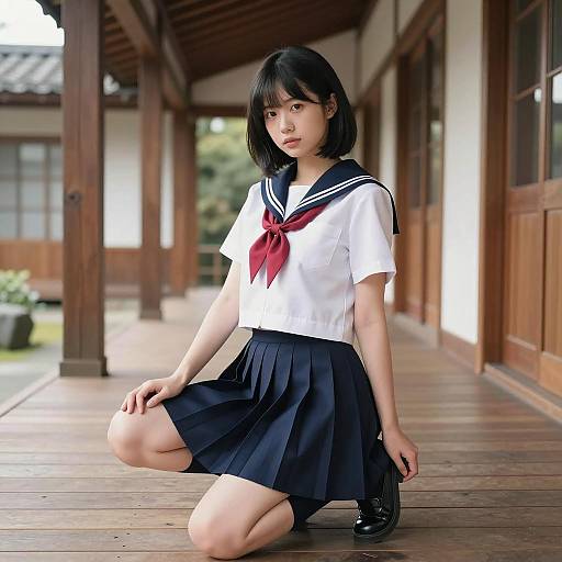 Asian Woman in Japanese Schoolgirl Uniform Kneeling in Traditional Hallway