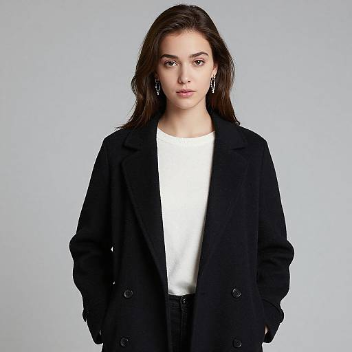 Photograph of a young woman with long brown hair, wearing a black coat over a white shirt, standing against a plain light gray background.