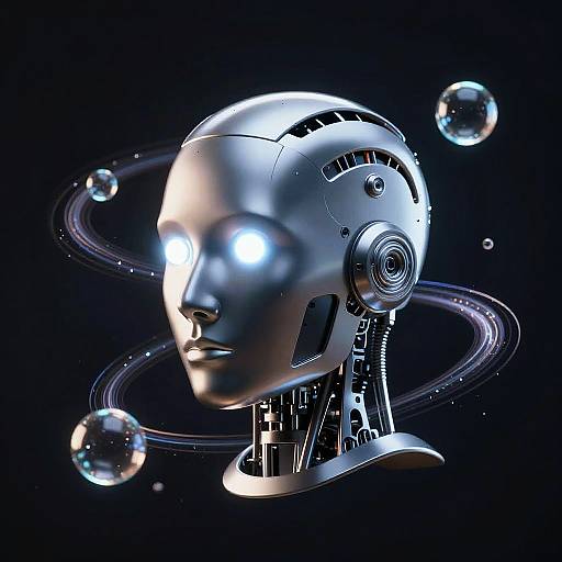 Digital artwork of a futuristic, silver robotic head with glowing white eyes, surrounded by three floating orbs and orbital rings against a dark blue background.