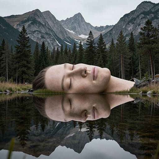 Photograph of a man's face reflected in a serene mountain lake, surrounded by evergreen trees and rugged peaks under an overcast sky.