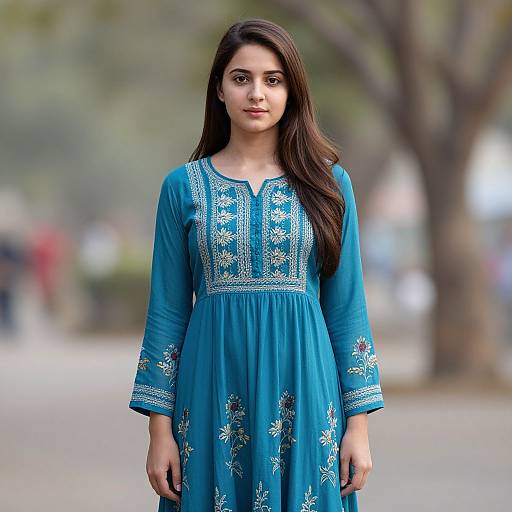 Photograph of a young woman with long brown hair, wearing a blue embroidered traditional dress, standing outdoors with blurred trees and people in the background.