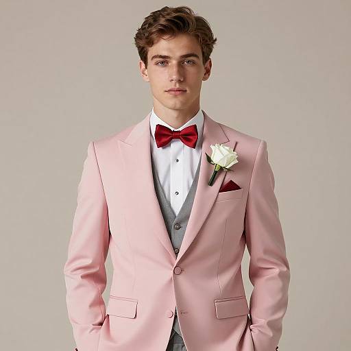 Young Man in Pink Tuxedo with Red Bow Tie