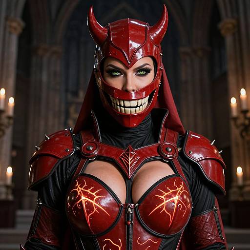 Digital art of a female demon warrior in red, crackled armor with horns, green eyes, and a grinning mask, in a dark, go