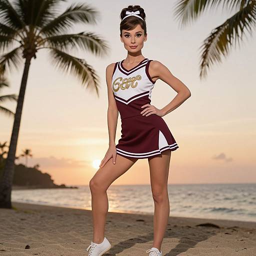 Photograph of an Asian cheerleader with dark hair in a bun, wearing a maroon and white 