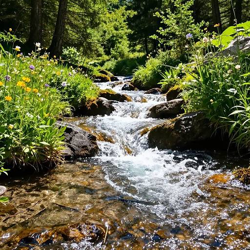 Photograph of a bright, sunlit forest stream flowing over rocky terrain, surrounded by vibrant green foliage and colorful wildflowers.