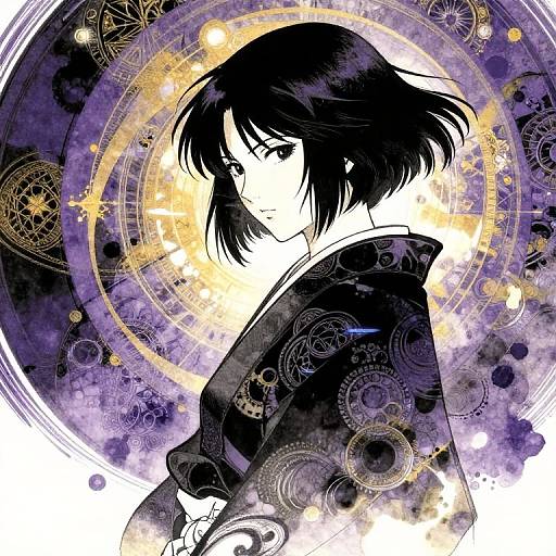Digital anime-style drawing of a black-haired girl in a dark kimono, profile view, surrounded by purple, gold, and white circular patterns with gears