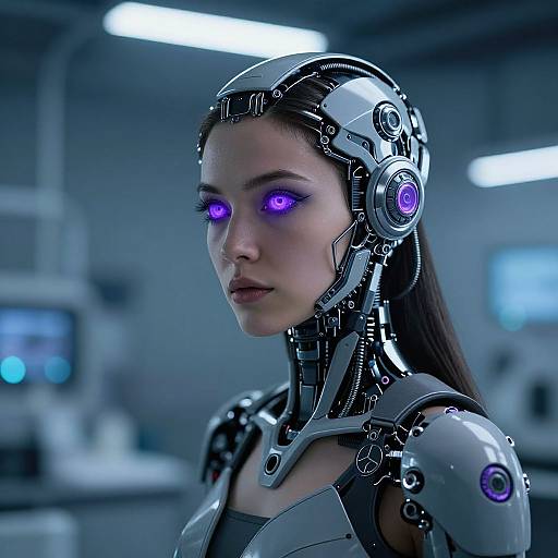 Photorealistic CGI of a young woman with glowing purple eyes, cybernetic headgear, and metallic shoulders in a futuristic, dimly-lit