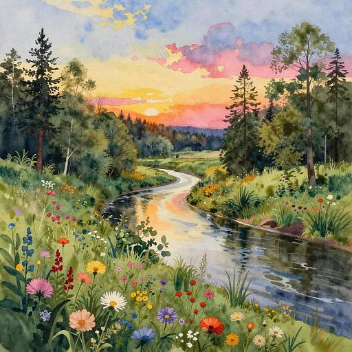 Serene Sunset Landscape with River