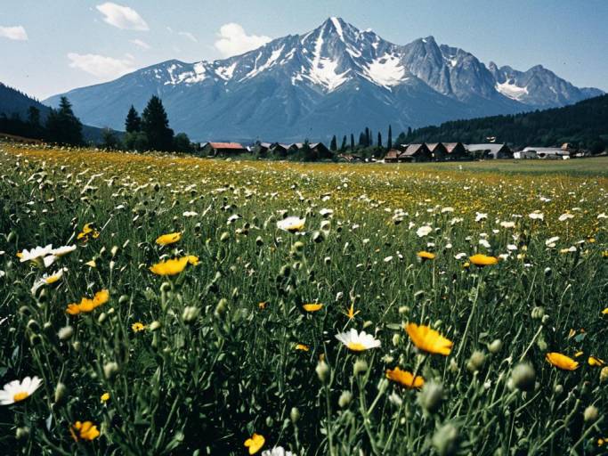 Vibrant Floral Field with Majestic Mountains