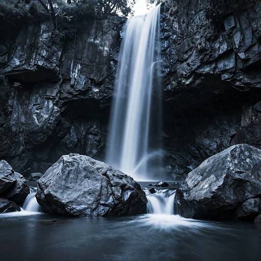 Monochrome Blue Cave Statue and Waterfall