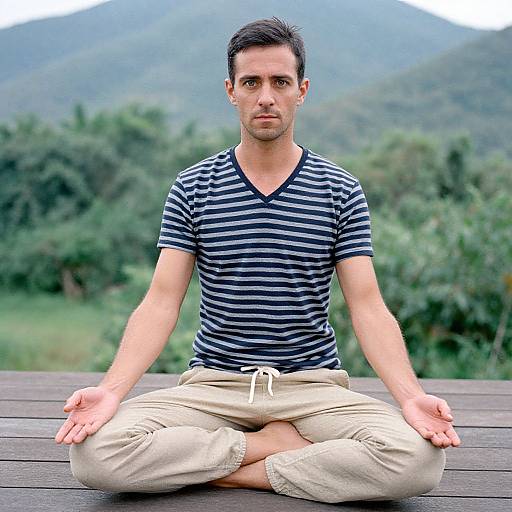 Photograph of a young man with short dark hair, wearing a black-and-white striped shirt and beige pants, meditating in lotus position on a