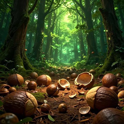 Photograph of a mystical forest with glowing green light, tall trees, and scattered coconut shells on a mossy, forest floor.