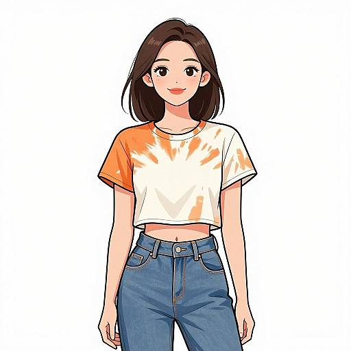 Anime-style digital drawing of a young woman with straight brown hair, wearing a white-orange tie-dye crop top and blue high-waisted jeans,