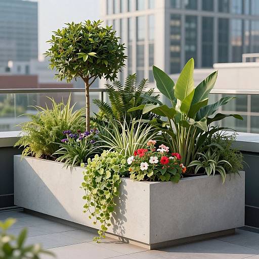 Photograph of a modern rooftop garden with a rectangular concrete planter filled with diverse green plants, colorful flowers, and a small tree, set against a