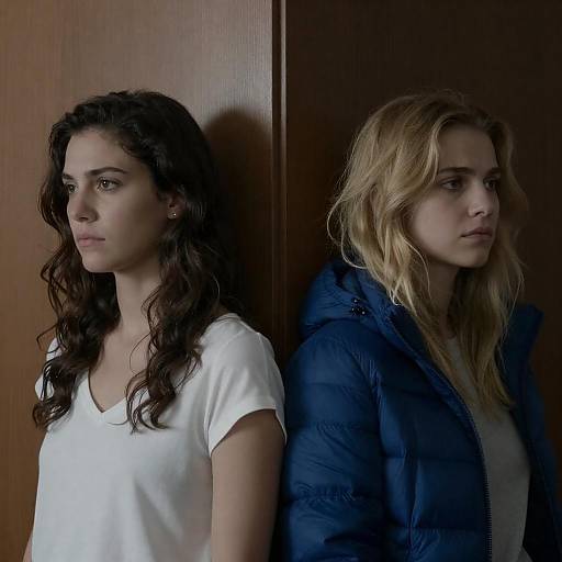 Two Women Standing Back to Back Against Wooden Wall