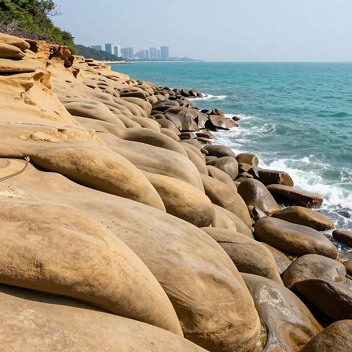 Photograph of a rocky shoreline with smooth, tan rocks leading to a blue ocean, city skyline in the distant background.