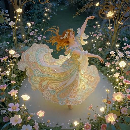 Digital artwork of a dancing woman with flowing, pastel-colored, paisley-patterned dress, surrounded by glowing flowers and soft, ethereal lights in