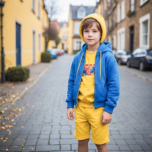 Child Wearing Yellow Hoodie and Blue Outfit Outdoors