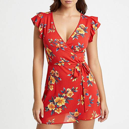 Photograph of a woman in a vibrant red floral dress with short sleeves, deep V-neck, and a waist tie, against a plain white background.