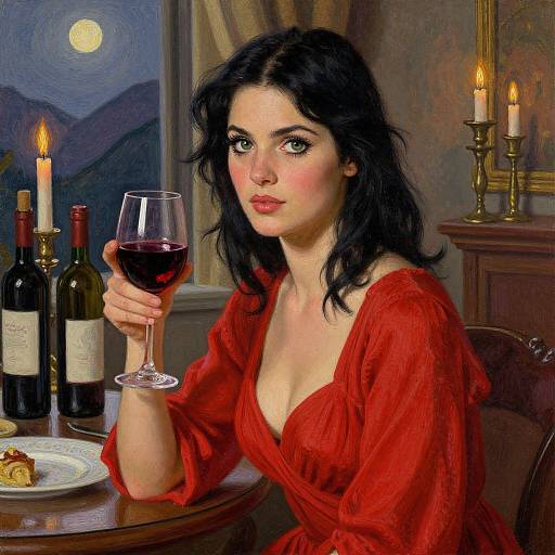 Digital painting of a fair-skinned woman with black hair, wearing a red dress, holding a wine glass with red wine, beside a table with wine