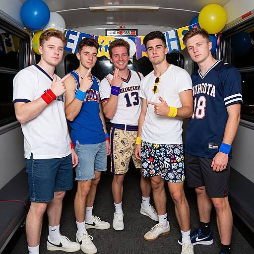 Photograph of five young men in a bus, wearing sports jerseys, colorful shorts, and wristbands, with blue and yellow balloons. 