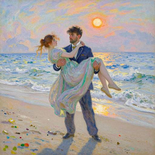 Impressionist-style painting of a bearded man in a blue suit lifting a red-haired woman in a flowing white dress on a beach at sunset.