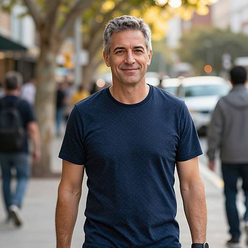 Photograph of a middle-aged man with short gray hair, wearing a black t-shirt, smiling on a busy urban street with blurred background and people walking