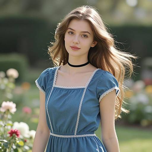 Photograph of a young woman with long brown hair, wearing a blue dress with white lace trim, black choker, standing in a sunny garden with