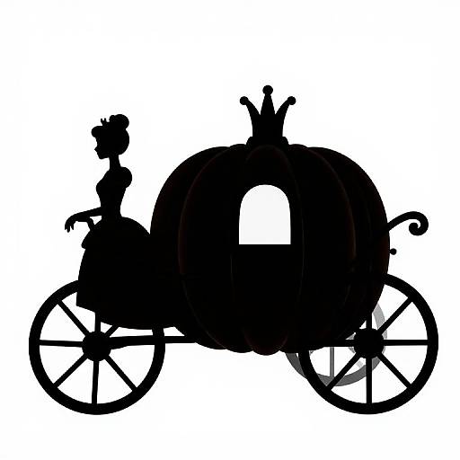 Silhouette of a royal carriage with large wheels, a small driver in a bonnet, and a crowned roof, all in solid black on a white